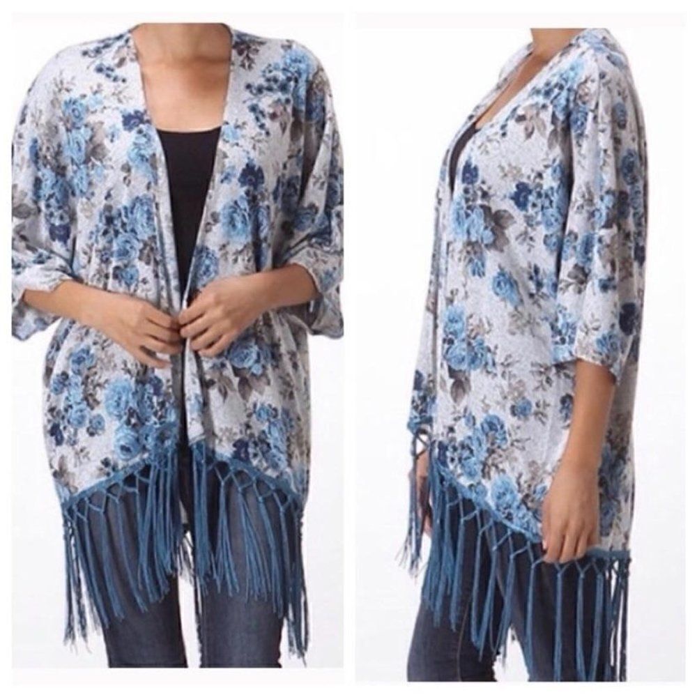 Moon Blue Grey Floral Print Fringe Kimono Sleeve Open Cardigan Medium New